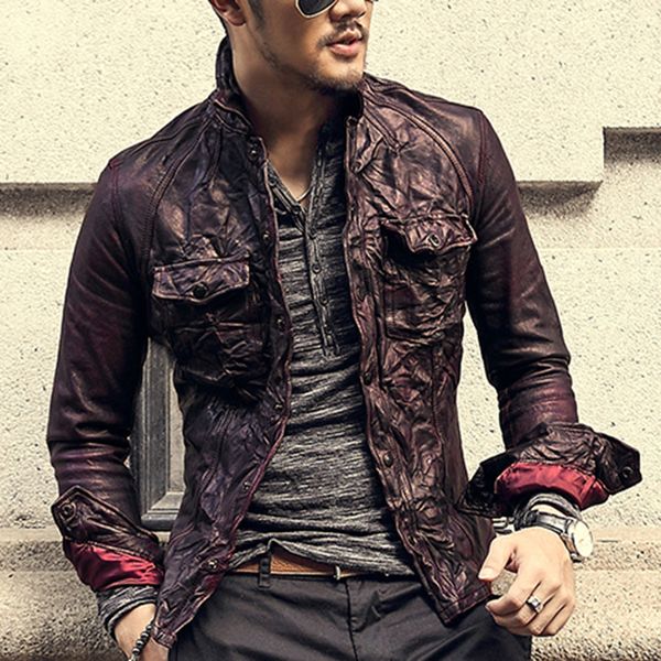men slim retro folds winter deep red head layer sheepskin genuine leather motorcycle bikers cool new jacket l227, Black
men slim retro folds winter deep red head layer sheepskin genuine leather motorcycle bikers cool new jacket l227, Black