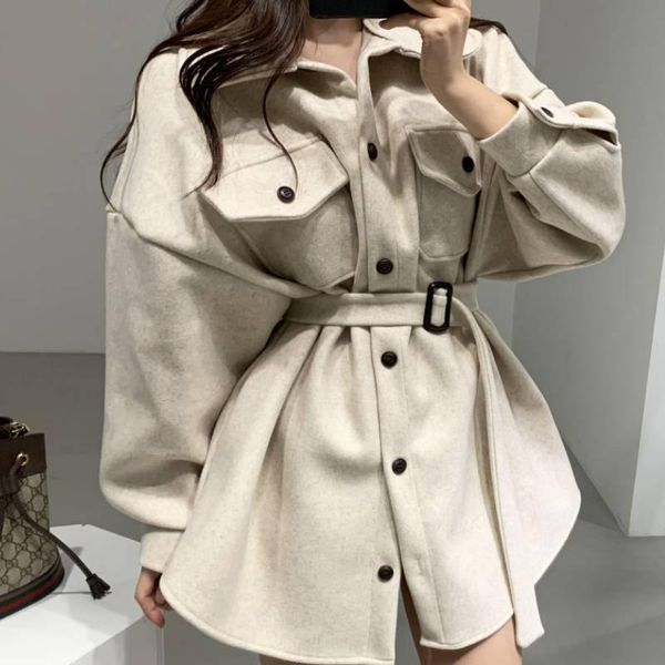 chic drawstring fino casaco de cintura vintage elegante turn-down colarinho solto jaquetas femininas outono inverno único breast, Black 
chic drawstring fino casaco de cintura vintage elegante turn-down colarinho solto jaquetas femininas outono inverno único breast, Black