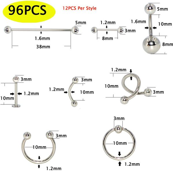 96pcs body jewelry piercing lot steel nose horseshoe lip tongue eyebrow tragus body piercing navel belly ring barbell 14g 16g q sqcotp, Silver
96pcs body jewelry piercing lot steel nose horseshoe lip tongue eyebrow tragus body piercing navel belly ring barbell 14g 16g q sqcotp, Silver