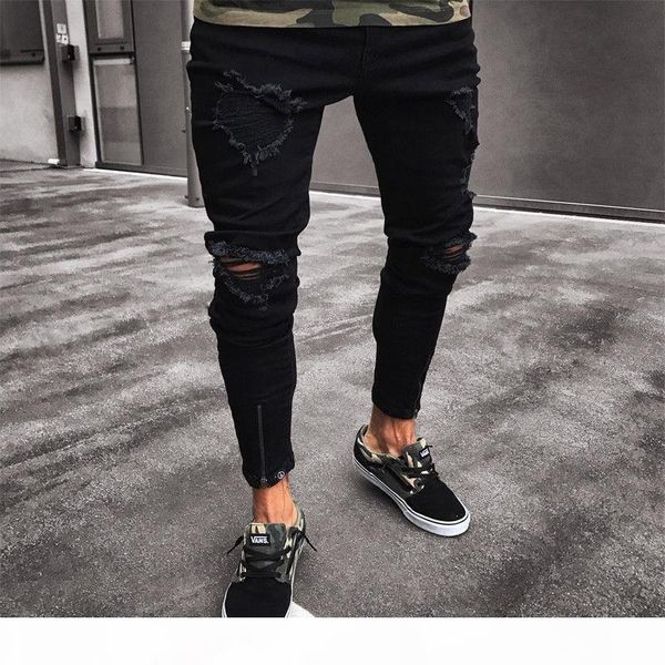 men elastic black holes jeans fashion slim fit pencil pants zippers draped ripped long jeans trousers, Blue
men elastic black holes jeans fashion slim fit pencil pants zippers draped ripped long jeans trousers, Blue