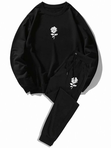 romwe guys floral graphic sweatshirt & drawstring sweatpants h1z6#, Gray 
romwe guys floral graphic sweatshirt & drawstring sweatpants h1z6#, Gray