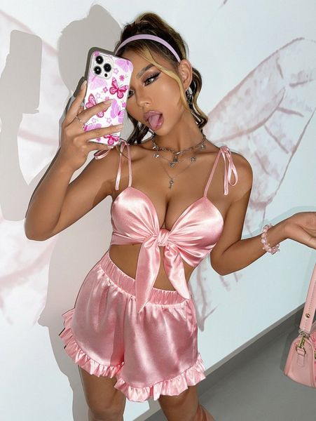 tie shoulder crop satin cami & ruffle hem shorts a4po#, White
tie shoulder crop satin cami & ruffle hem shorts a4po#, White