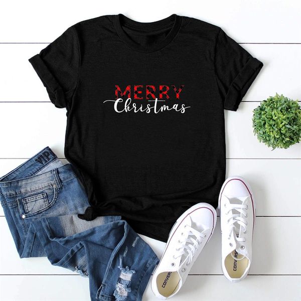 lh20338 21ss new christmas merry christmas english printing casual round neck pullover loose short sleeves, White 
lh20338 21ss new christmas merry christmas english printing casual round neck pullover loose short sleeves, White