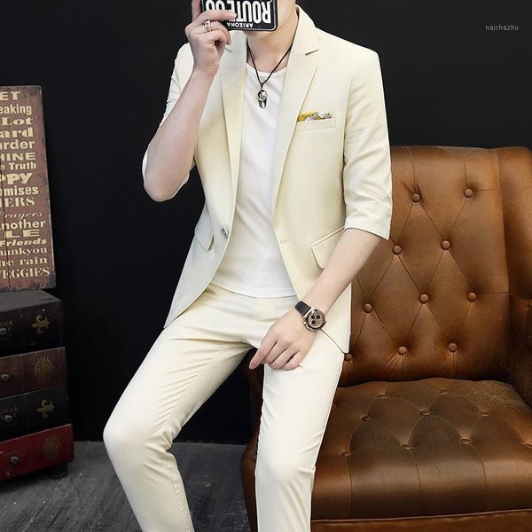one button 3/4 sleeve suit jackets with pants streetwear men suits sets two pieces summer suit slim fit mens clothing plus xxxl1, White;black
one button 3/4 sleeve suit jackets with pants streetwear men suits sets two pieces summer suit slim fit mens clothing plus xxxl1, White;black