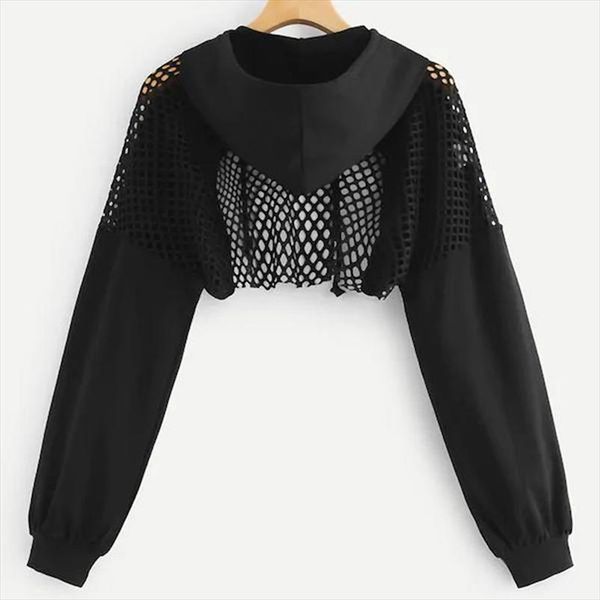 women new fashion mesh splicing see through crop hoodie sweatshirt long sleeve bare midriff pullover hoodies, Black
women new fashion mesh splicing see through crop hoodie sweatshirt long sleeve bare midriff pullover hoodies, Black