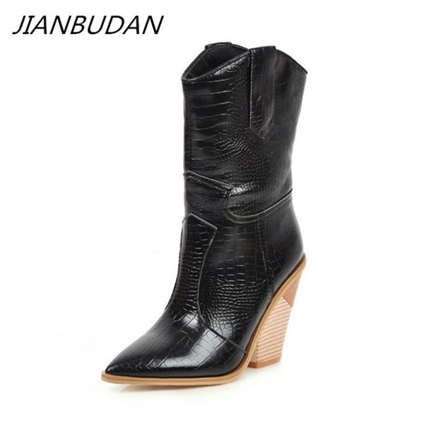 jianbudan women's short boots pointed toe high heels pu leather western boots female leather boots big size 34-46 y200723, Black