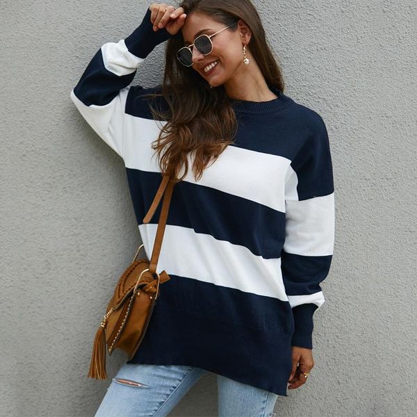 new stripe stitching knitted sweater in autumn and winter 2020 women's casual loose o-neck long sleeve sweater women's pullover, White;black
new stripe stitching knitted sweater in autumn and winter 2020 women's casual loose o-neck long sleeve sweater women's pullover, White;black