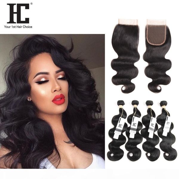 hc hair brazilian body wave virgin human hair weave 4 bundles with lace closure unprocessed brazillian remy hair and closures, Black 
hc hair brazilian body wave virgin human hair weave 4 bundles with lace closure unprocessed brazillian remy hair and closures, Black