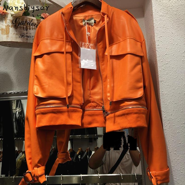 streetwear autumn new chic big pocket short orange detachable hem zipper splicing faux pu leather jacket women motorcycle jacket, Black
streetwear autumn new chic big pocket short orange detachable hem zipper splicing faux pu leather jacket women motorcycle jacket, Black
