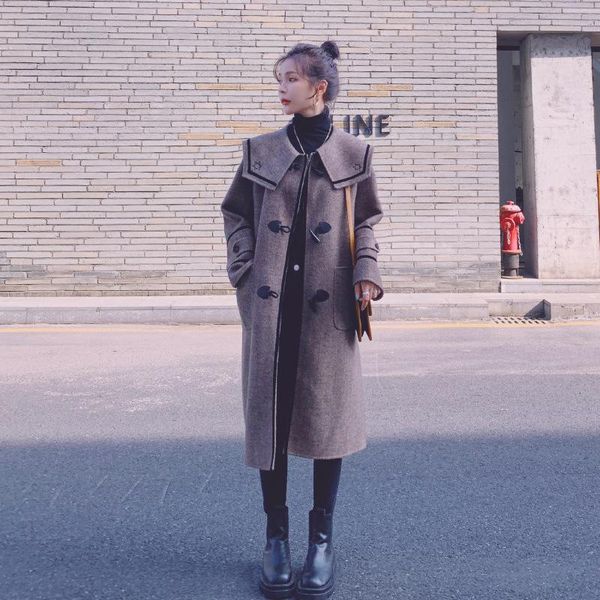 winter double sided cashmere coat women's middle and long 2021 new college wind ox horn button navy collar woolen coat, Black
winter double sided cashmere coat women's middle and long 2021 new college wind ox horn button navy collar woolen coat, Black