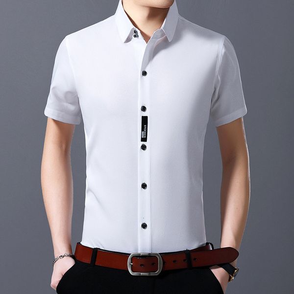 short sleeve summer solid color korean fashion slim fit professional business thin non iron ice silk men's shirt, White;black
short sleeve summer solid color korean fashion slim fit professional business thin non iron ice silk men's shirt, White;black