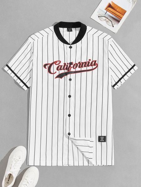 men letter graphic vertical striped patched detail baseball collar shirt 505j#, White;black
men letter graphic vertical striped patched detail baseball collar shirt 505j#, White;black