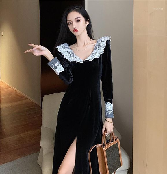 2020 new women dress for party shooting winter new retro black lace lace v-neck temperament slit velvet sweet women dress1, Black;gray 
2020 new women dress for party shooting winter new retro black lace lace v-neck temperament slit velvet sweet women dress1, Black;gray