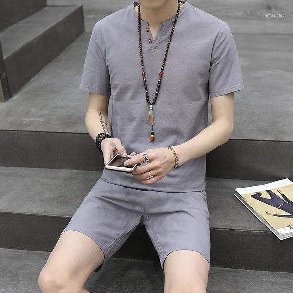 men's tracksuits short sleeve t shirt men set suit v neck casual shorts formal summer wear clothes button decoration chinese style line, Gray
men's tracksuits short sleeve t shirt men set suit v neck casual shorts formal summer wear clothes button decoration chinese style line, Gray