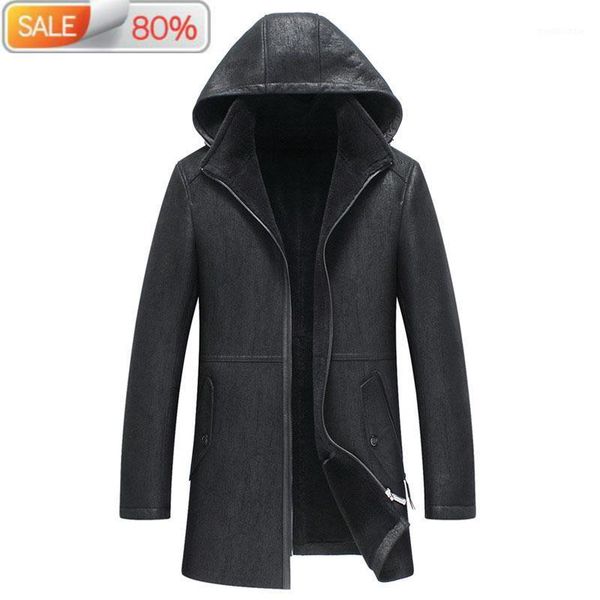 genuine long winter men natural wool fur coat sheepskin leather jacket sf-21a16 nd7601, Black