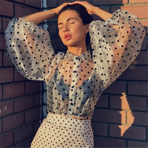 2020 new women mesh sheer blouse see-through lantern long sleeve blouse fashion pearl button transparent dot shirt female blusas, White
2020 new women mesh sheer blouse see-through lantern long sleeve blouse fashion pearl button transparent dot shirt female blusas, White
