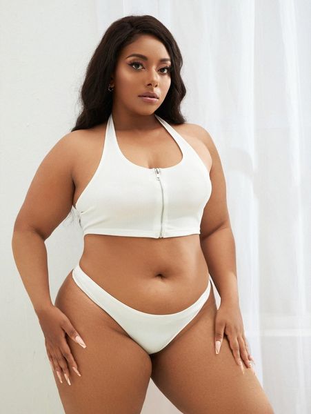 plus zip front halter lingerie set a7bx#, Black;white