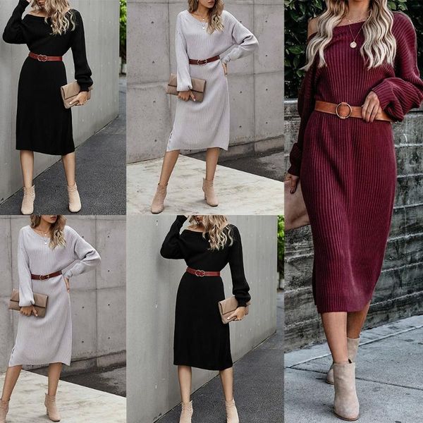 women long sleeve o-neck off shoulder backless ribbed loose midi sweater dress, Black;gray
women long sleeve o-neck off shoulder backless ribbed loose midi sweater dress, Black;gray