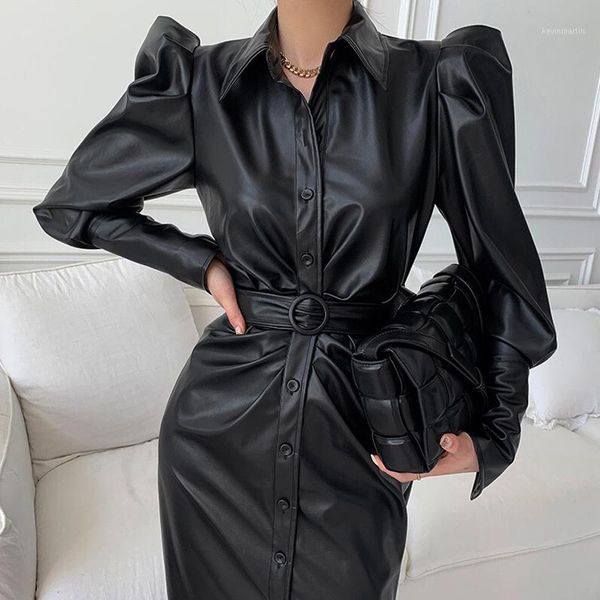 faux leather dress long puff sleeve black vintage singel breasted dresses with belt maxi clothing korean side split kpop xc1341, Black;gray
faux leather dress long puff sleeve black vintage singel breasted dresses with belt maxi clothing korean side split kpop xc1341, Black;gray