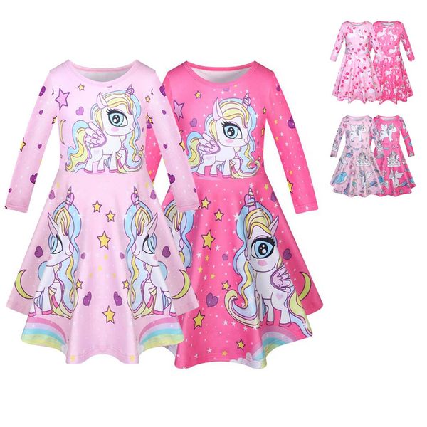 sweet baby} girls dress unicorn kids clothing 2020 spring autumn fashion long sleeve print princess party dress, Red;yellow