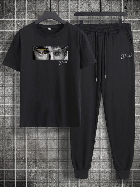 men letter and figure graphic tee & drawstring waist sweatpants k9nf#, Gray
