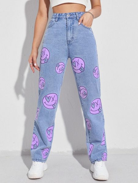 light wash straight leg cartoon jeans 77sd#, Blue