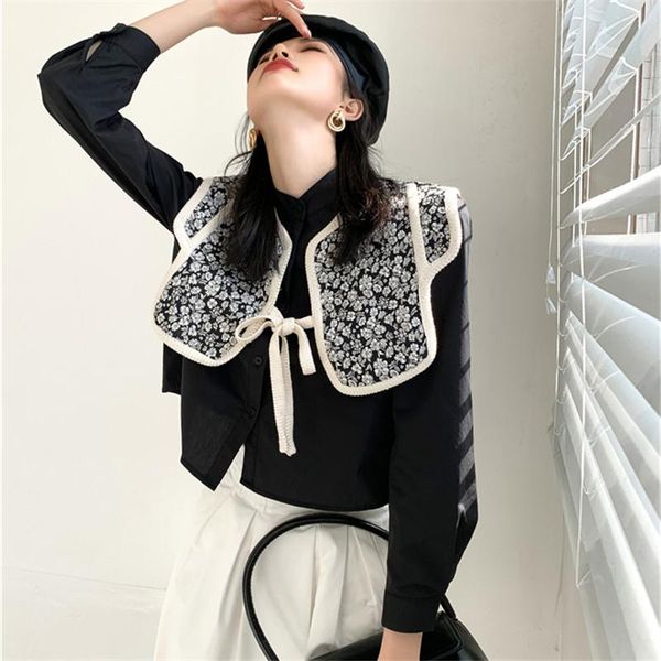 women's blouses & shirts 2021 spring women long sleeve stand collar black short shirt female vintage elegant blouse and shawl two piec, White
women's blouses & shirts 2021 spring women long sleeve stand collar black short shirt female vintage elegant blouse and shawl two piec, White