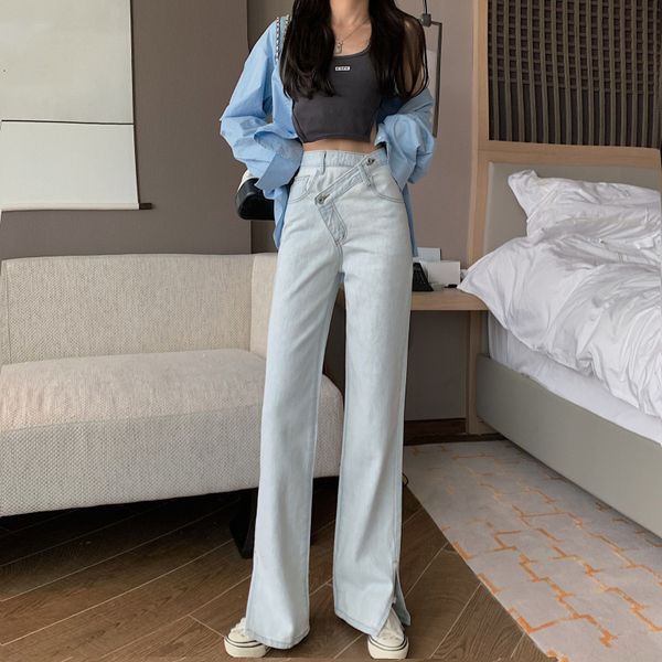 2021 outono femininas vintage lavados moda irregular casual jeans retos solto cintura alta perna larga calas de brim 2dob, Blue
2021 outono femininas vintage lavados moda irregular casual jeans retos solto cintura alta perna larga calas de brim 2dob, Blue