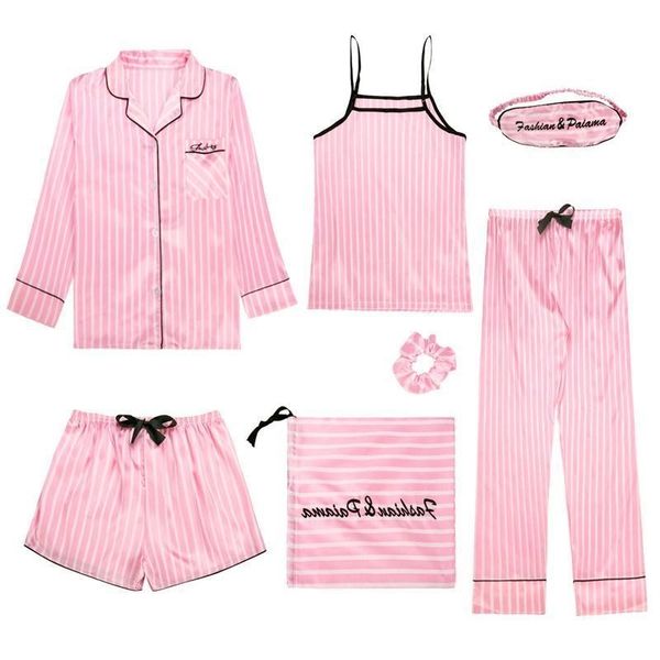 spring summer 7 pcs set silk elegant women pajamas print shorts long sleeve elastic waist pants full lounge sleepwear y200107, Black;red
spring summer 7 pcs set silk elegant women pajamas print shorts long sleeve elastic waist pants full lounge sleepwear y200107, Black;red