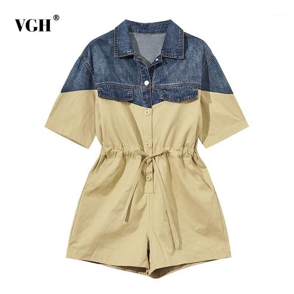 women's jumpsuits & rompers vgh patchwork playsuits for women lapel collar short sleeve lace up drawstring tunic shorts female 2021 fas, Black;white
women's jumpsuits & rompers vgh patchwork playsuits for women lapel collar short sleeve lace up drawstring tunic shorts female 2021 fas, Black;white