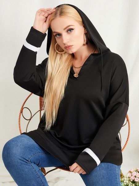plus contrast panel drop shoulder drawstring hoodie c9yv#, Black 
plus contrast panel drop shoulder drawstring hoodie c9yv#, Black