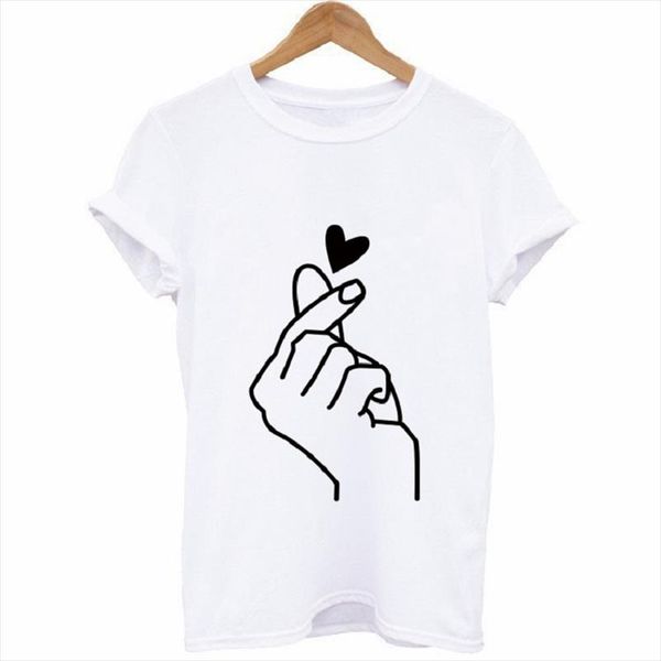 finger heart print t shirt women short sleeve o neck loose tshirt 2020 summer women tee shirt camisetas mujer, White 
finger heart print t shirt women short sleeve o neck loose tshirt 2020 summer women tee shirt camisetas mujer, White