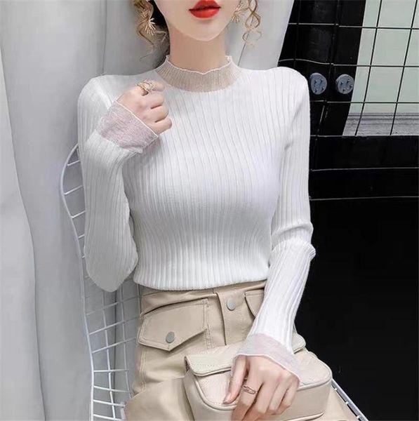 women half high collar rib knitted shirt casual mesh patchwork long flare sleeve solid color slim fit knitwear clothes, White
women half high collar rib knitted shirt casual mesh patchwork long flare sleeve solid color slim fit knitwear clothes, White