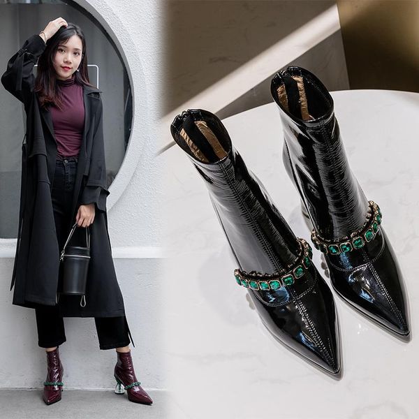 boots fashion for women patent leather ankle autumn winter pointed toe high heels gothic shoes, Black
boots fashion for women patent leather ankle autumn winter pointed toe high heels gothic shoes, Black