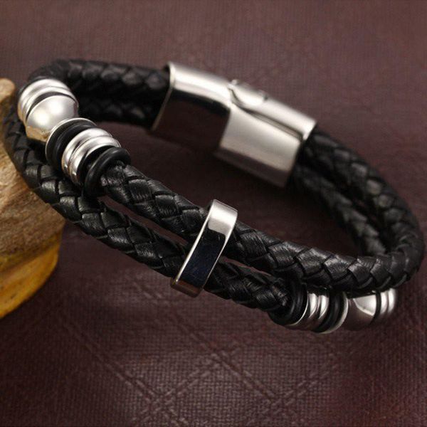 link, chain retro simple leather stitching personality men's bracelet fashion wild, Black
link, chain retro simple leather stitching personality men's bracelet fashion wild, Black
