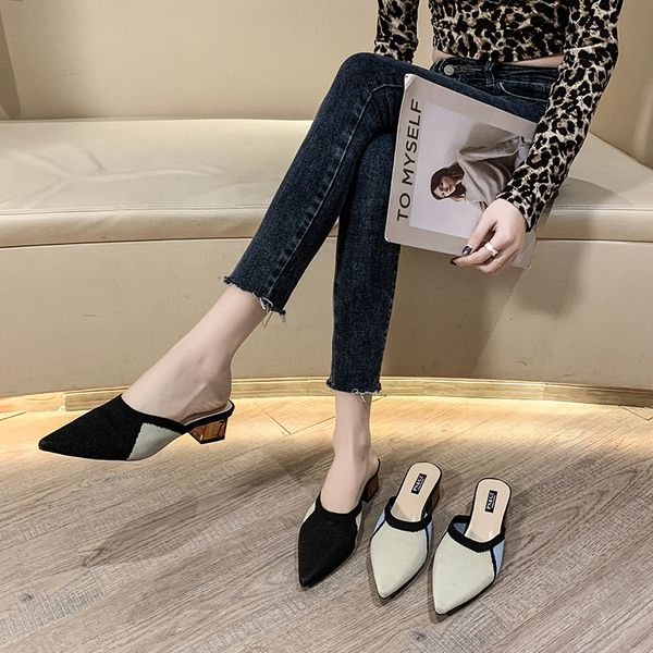 2020 new medium-heeled thick-heeled baotou slippers female knitted outer wear word drag female sandals pointed half drag x1020, Black
2020 new medium-heeled thick-heeled baotou slippers female knitted outer wear word drag female sandals pointed half drag x1020, Black