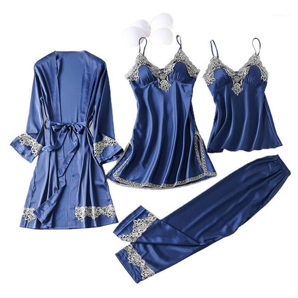 women autumn ice silk 4 pieces pajamas set cami long pants dress robe embroidery lace trim sleepwear with chest pads1, Black;red
women autumn ice silk 4 pieces pajamas set cami long pants dress robe embroidery lace trim sleepwear with chest pads1, Black;red