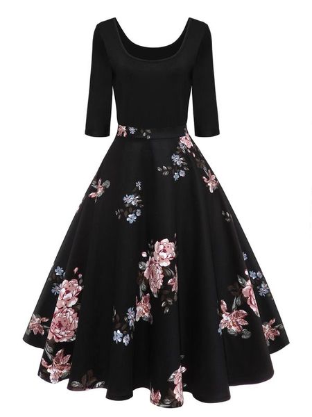 50s floral print flare combo dress she, Black;gray 
50s floral print flare combo dress she, Black;gray