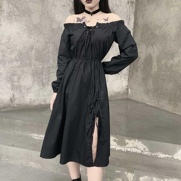 women gothic dress off shoulder long sleeve hollow out bandage patchwork punk evening party dresses vestidos de 2020 mujer, Black;gray
women gothic dress off shoulder long sleeve hollow out bandage patchwork punk evening party dresses vestidos de 2020 mujer, Black;gray
