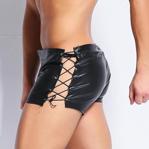 men's walking leather short shorts strappin hip huggers faux leather body engineers flank bandage casual men puttee shorts, White;black
men's walking leather short shorts strappin hip huggers faux leather body engineers flank bandage casual men puttee shorts, White;black