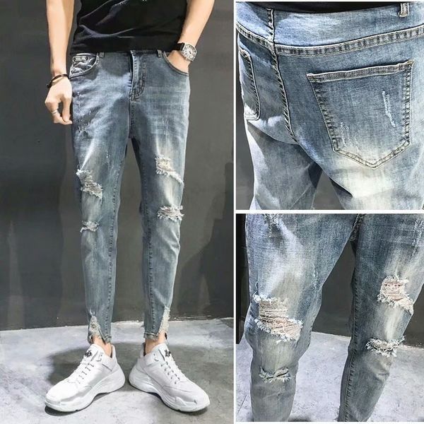 men's micro straddle trendy jeans and jeans brand simple elastic legged pants autumn pants men's thin versatile ragged capris r1kj, Blue
men's micro straddle trendy jeans and jeans brand simple elastic legged pants autumn pants men's thin versatile ragged capris r1kj, Blue