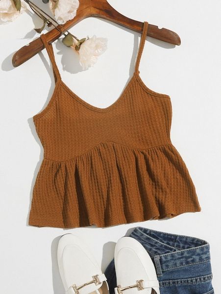 ruffle hem waffle knit cami o93e#, White