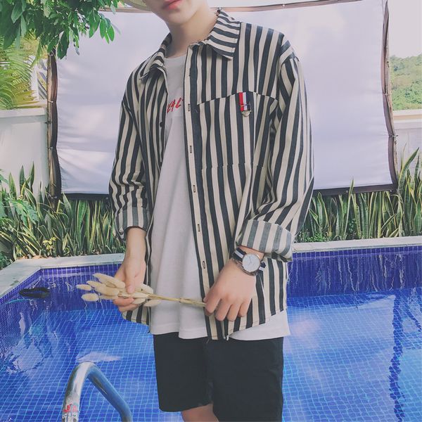 spring stripe versatile men's loose long sleeve korean youth cool off shoulder shirt jacket fashionable clothes, White;black
spring stripe versatile men's loose long sleeve korean youth cool off shoulder shirt jacket fashionable clothes, White;black