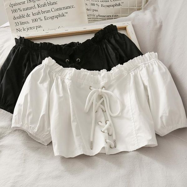 women's blouses & shirts vintage solid slash neck women blouse summer lantern sleeved bandage short high waist lady elegant pulls tees, White
women's blouses & shirts vintage solid slash neck women blouse summer lantern sleeved bandage short high waist lady elegant pulls tees, White