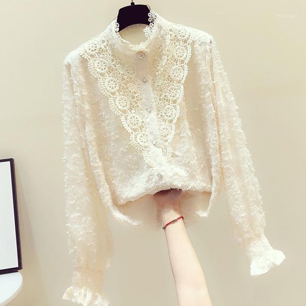 women's blouses & shirts elegant stand collar lace hook flower blouse temperament puff long sleeve single breasted blusas autumn spring, White
women's blouses & shirts elegant stand collar lace hook flower blouse temperament puff long sleeve single breasted blusas autumn spring, White