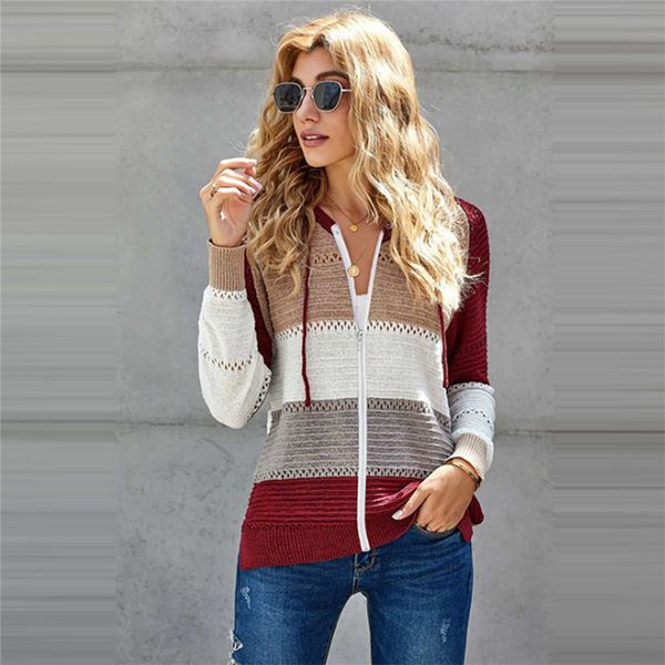 2020 women zipper knitted sweater stripe drawstring hooded sweatshirt fashion v-neck long sleeve hollow cardigan with pocket, White
2020 women zipper knitted sweater stripe drawstring hooded sweatshirt fashion v-neck long sleeve hollow cardigan with pocket, White