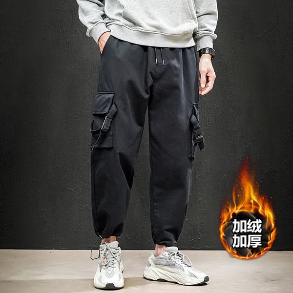 overalls with plush thickened student loose legged casual fashion brand youth men's pants autumn and winter, Black 
overalls with plush thickened student loose legged casual fashion brand youth men's pants autumn and winter, Black