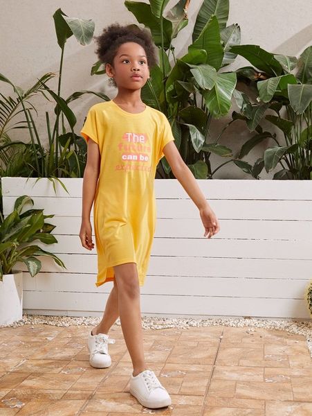 girls slogan graphic high low tee dress she, Red;yellow