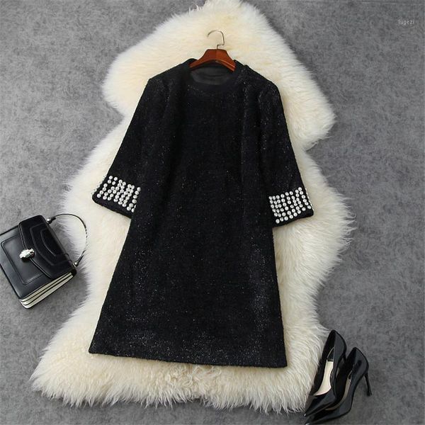 elegant women luxury pearls solid black dress autumn winter clothes designers casual knee length robe femme party vestidos1, Black;gray
elegant women luxury pearls solid black dress autumn winter clothes designers casual knee length robe femme party vestidos1, Black;gray