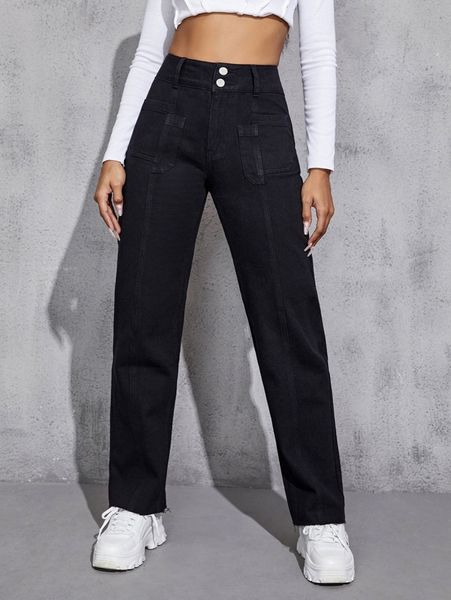 high waist frayed hem straight leg pants c7mi#, Black;white
